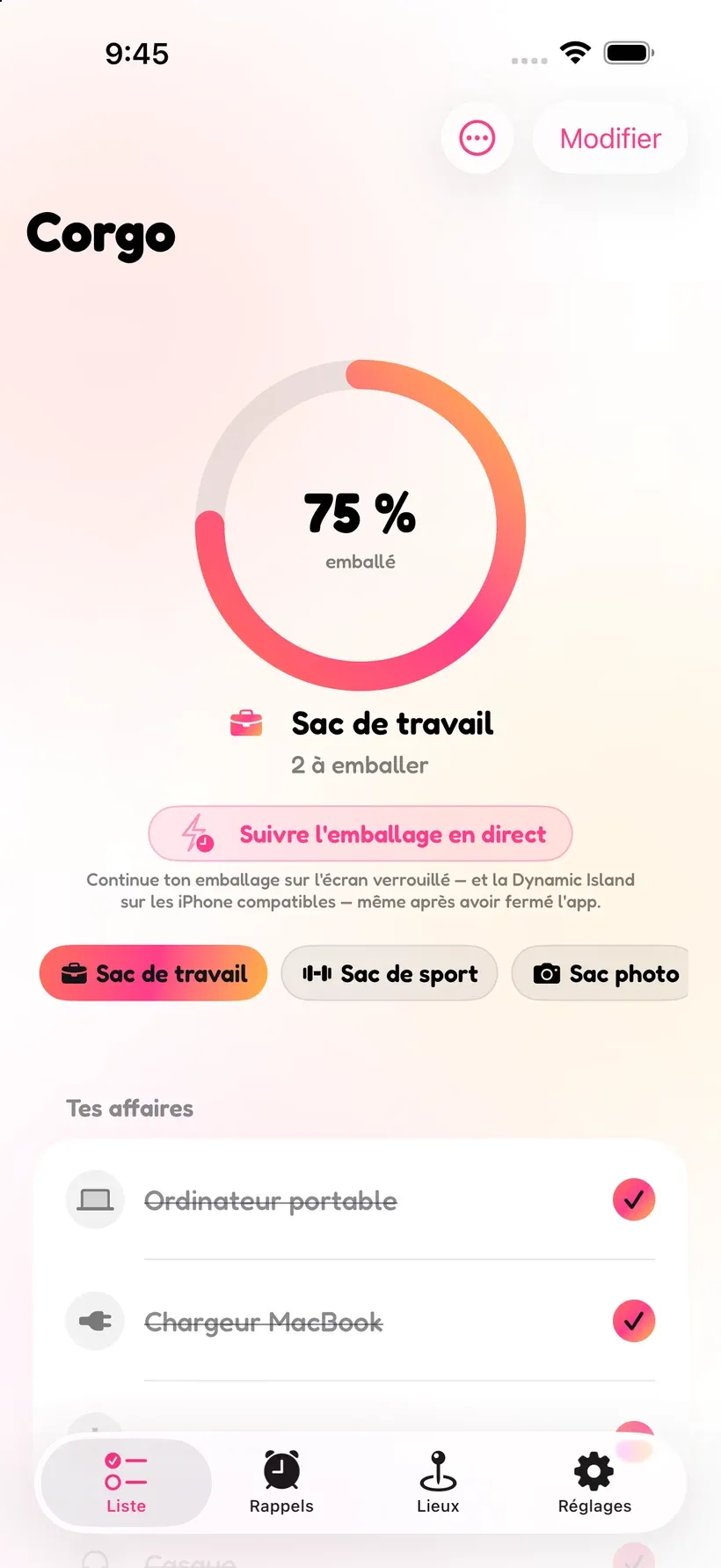 La checklist de Corgo affichant un Sac de boulot préparé à 75 % avec un anneau de progression et la liste du matériel