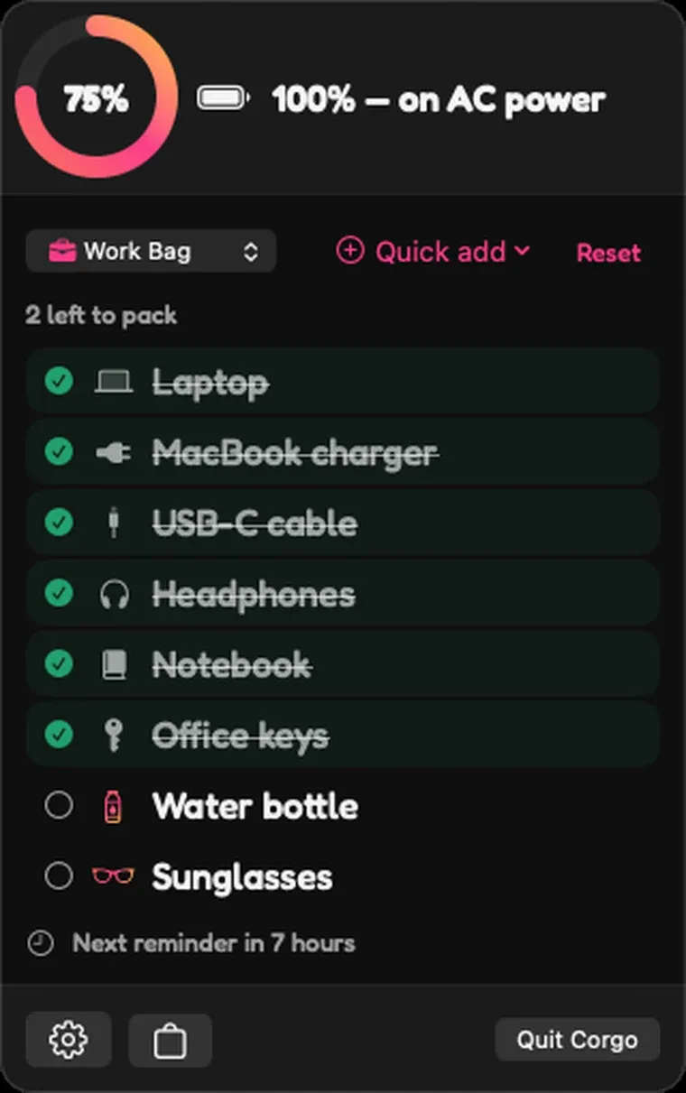 Corgo’s Mac menu bar popover showing a pack-up checklist with charge status