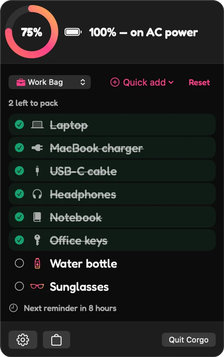 Corgo’s Mac menu bar popover showing a pack-up checklist with charge status