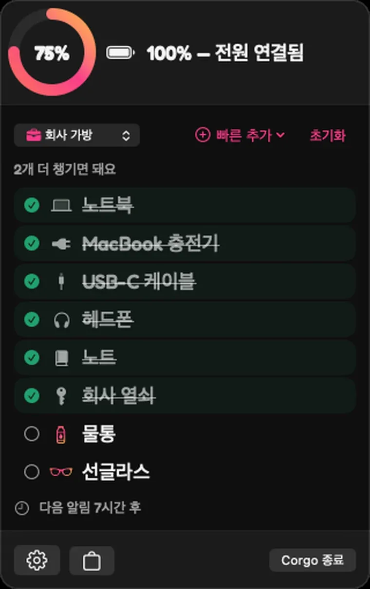 충전 상태와 함께 짐 챙기기 체크리스트를 보여 주는 Corgo의 Mac 메뉴 막대 팝오버