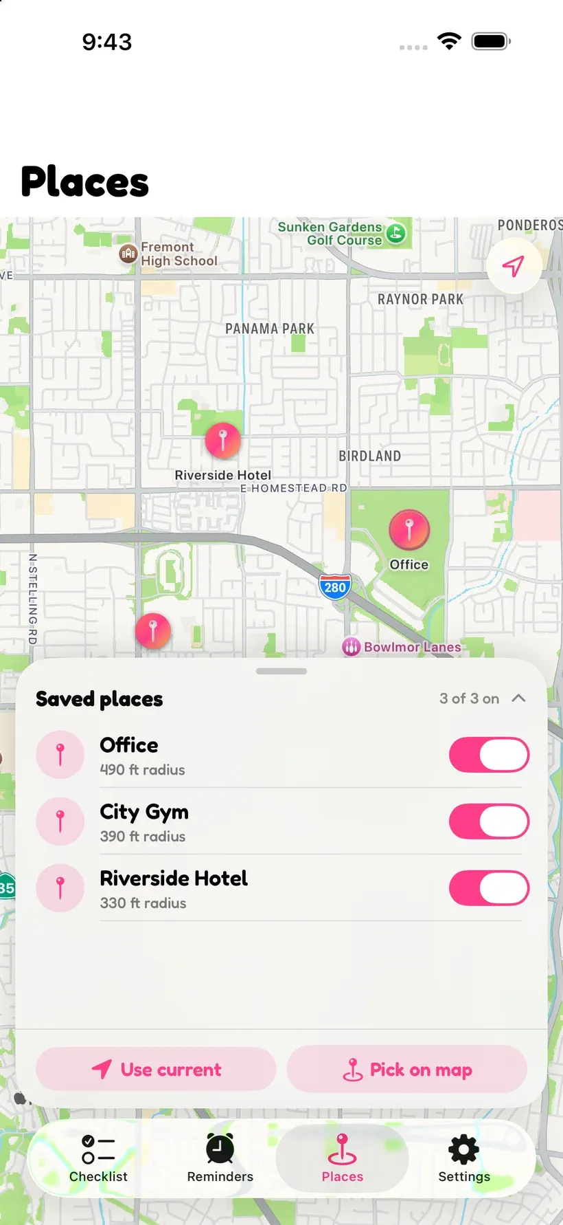 Corgo’s Places screen with a map and saved locations for office, city gym, and a hotel
