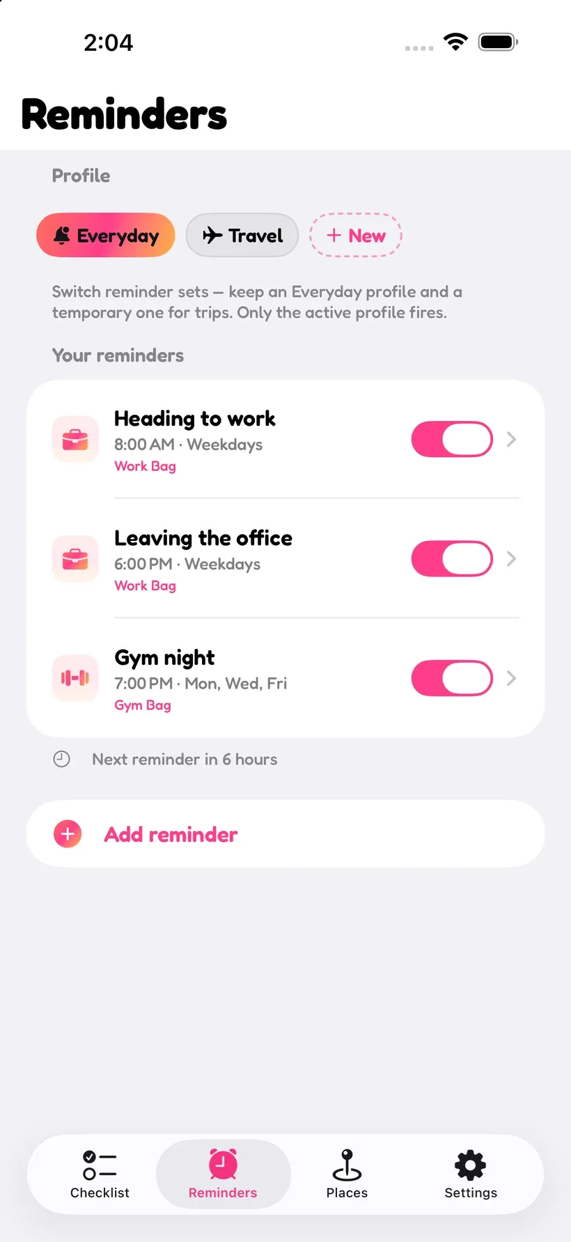Corgo’s reminders screen with scheduled nudges for heading to work, leaving the office, and gym night